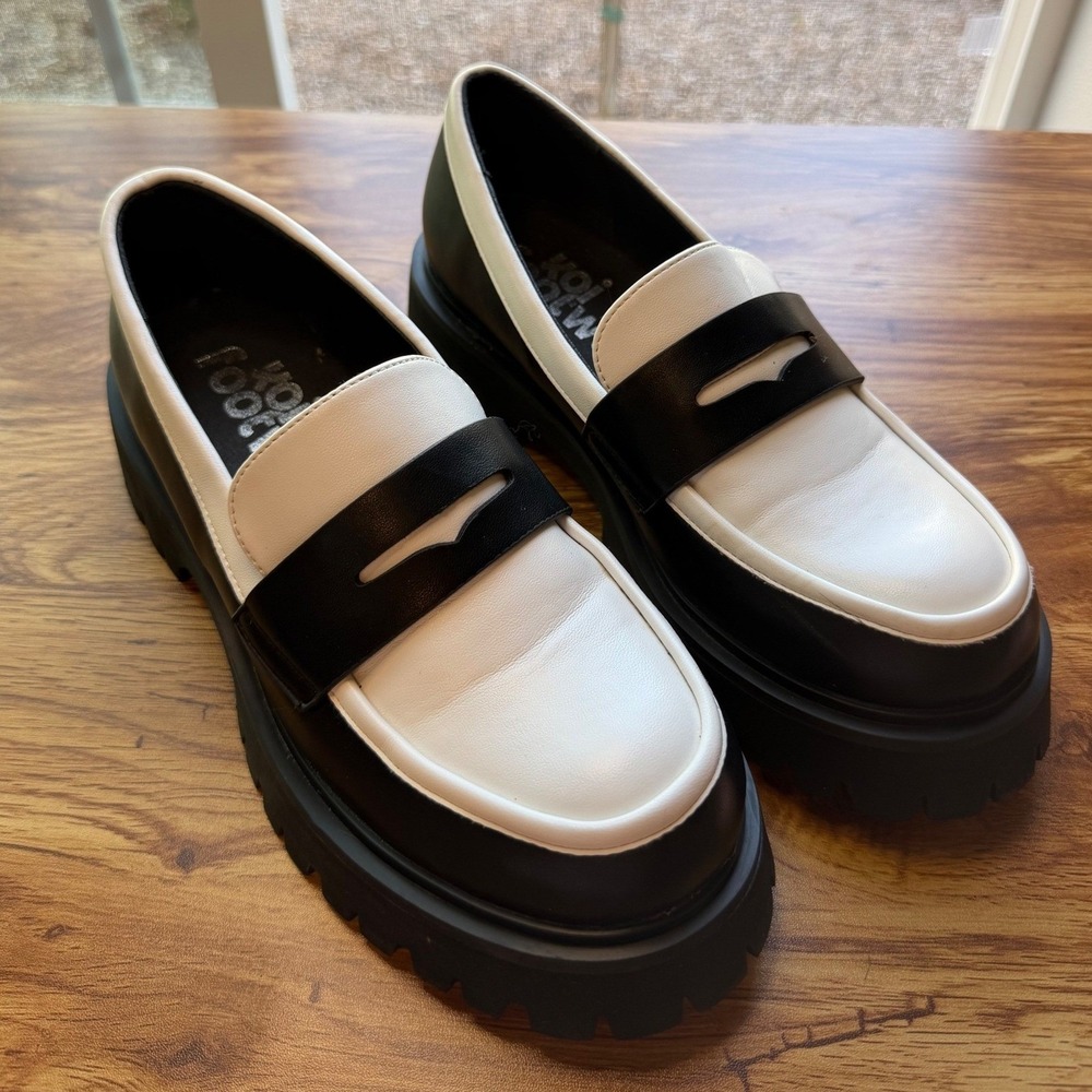 Koi Footwear Women's Black White Two Tone Chunky Lug Sole Penny Loafers 5